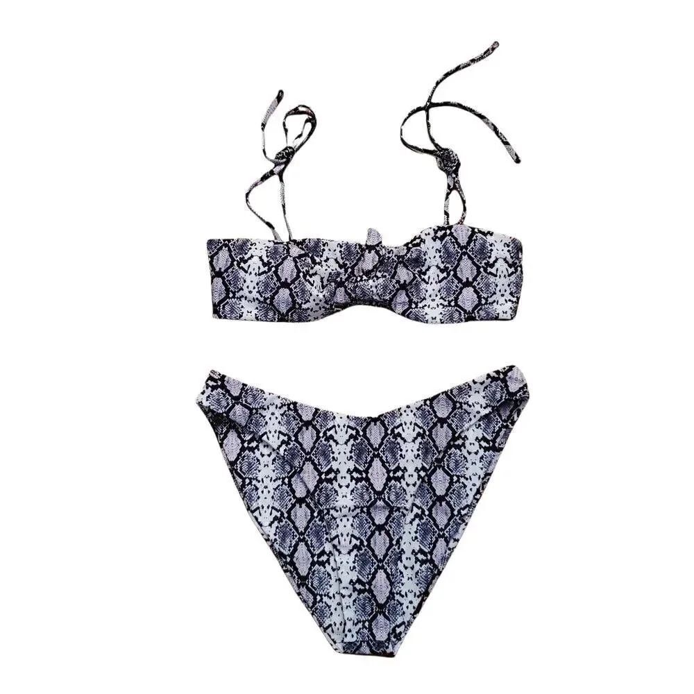 Women's Size XL Gray White Snakeskin Print Bikini Set